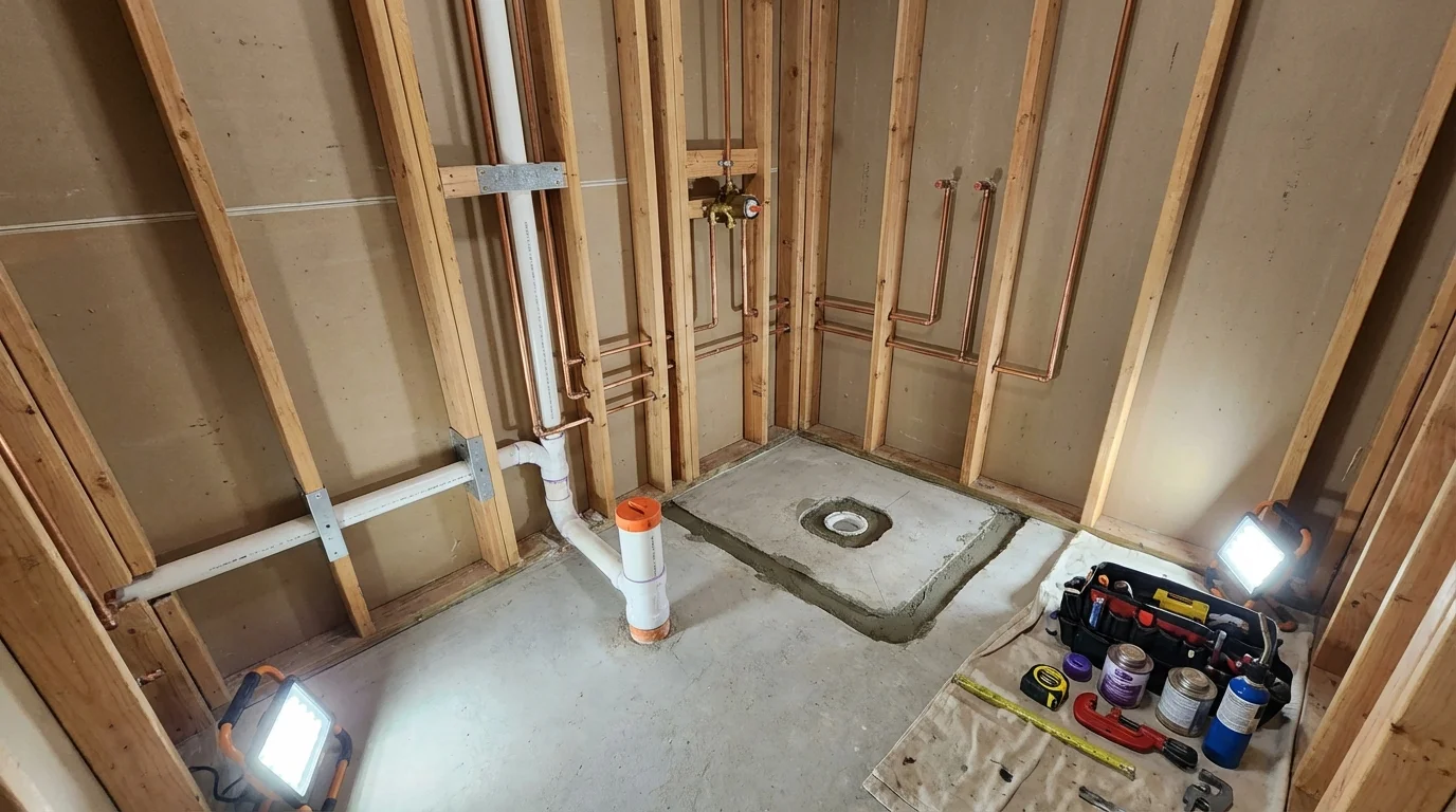 Bathroom rough-in plumbing during remodel by Johns Plumbing LLC in Omega