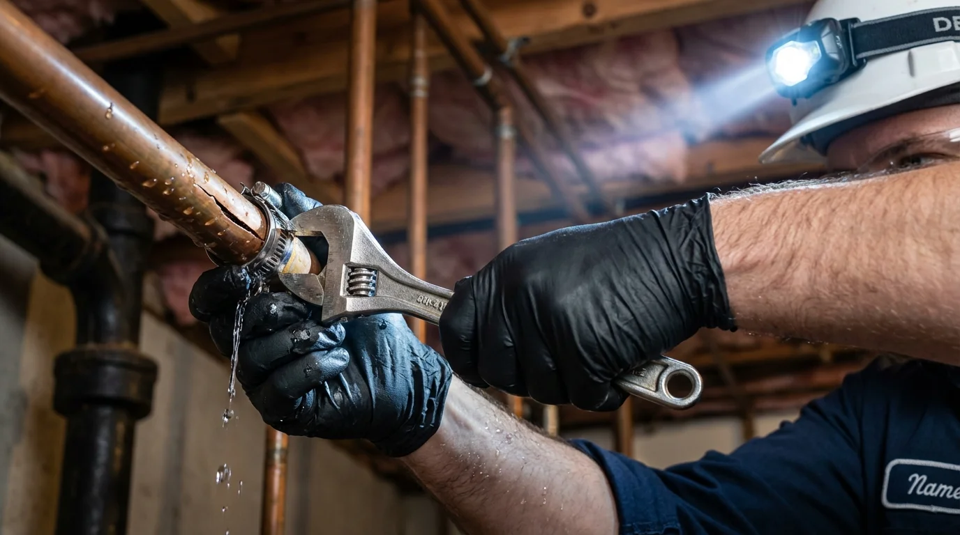 Emergency pipe clamp repair being performed by a Johns Plumbing LLC plumber in Omega