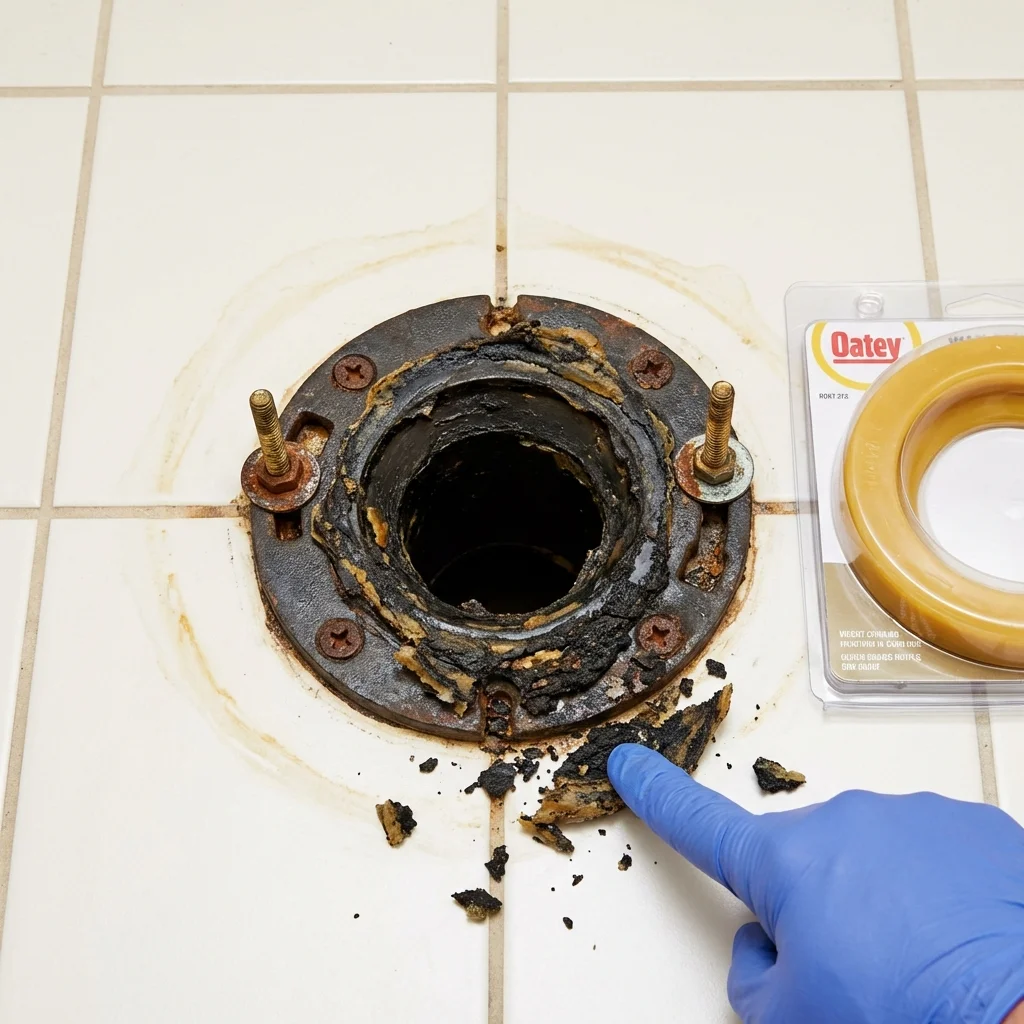 Failed wax ring showing water seepage at the base of a toilet in a Omega, GA home