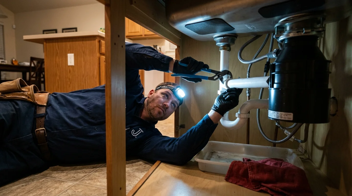 P-trap and supply line connections under a kitchen sink showing a common leak point in Omega, GA